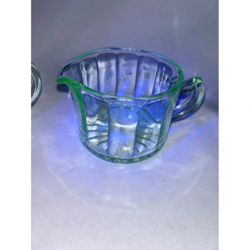 Vintage Uranium Glass Creamer and Sugar Bowl Set Paneled Starburst UV Reactive